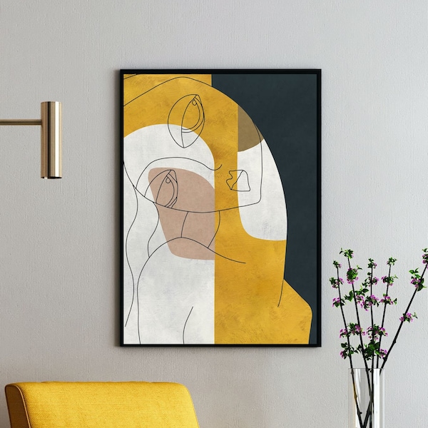 Abstract figurative art print, Minimalist line drawing, Female face, Minimal abstract printable painting for instant download, 24x32 print