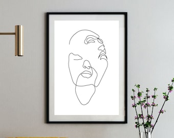 Impresión artística minimalista de líneas faciales: Retrato moderno en blanco y negro (descarga digital)