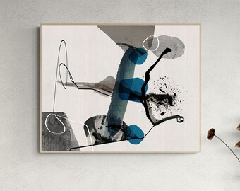 Decoração de parede abstrata com tons de azul, bege e cinza escuro, arte de parede abstrata para impressão para download instantâneo, pintura abstrata moderna