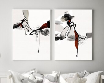 Conjunto de arte de dibujo abstracto negro y rojo de 2 grabados, Arte de pared de dibujo abstracto moderno, Arte abstracto imprimible