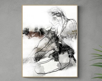 Dibujo abstracto de figura humana, impresión artística moderna en blanco y negro (descarga digital)
