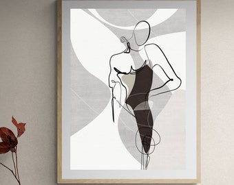 May include: A framed black and white line drawing of a person in a dress, with a gray and white abstract background.