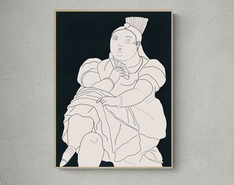 Dibujo lineal de una mujer, dibujo femenino minimalista basado en una pintura de Fernando Botero