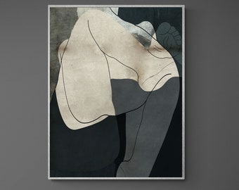 Lámina artística abstracta de figura lineal, dibujo en beige y negro (descarga digital)