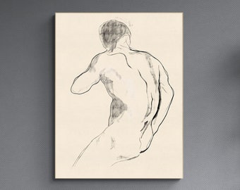 Dibujo de cuerpo masculino sobre papel, Boceto de dibujo a lápiz de carbón, Dibujo original imprimible, Arte desnudo, Arte de pared en blanco y negro, Figura humana