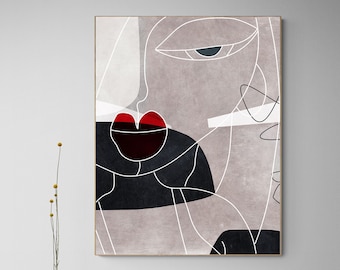 Impresión artística de líneas de rostro minimalista: tonos neutros abstractos (descarga digital)