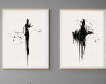 Juego de láminas de arte abstracto con pinceladas: decoración de pared moderna en blanco y negro (30x40) (descarga digital)