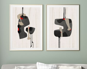 Láminas artísticas abstractas estilo boho en beige y negro, juego de 2 (descarga digital)