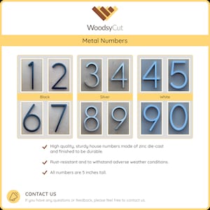 May include: Metal house numbers in black, silver, and white. The numbers are 1, 2, 3, 4, 5, 6, 7, 8, 9, and 0. Each number is 5 inches tall.  The numbers are made of zinc die-cast and are rust-resistant.