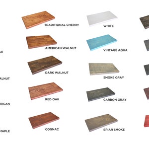 May include: A collection of 20 wood stain color samples, showcasing a variety of shades from light to dark, including natural, golden oak, special walnut, early American, colonial maple, traditional cherry, American walnut, dark walnut, red oak, cognac, white, vintage aqua, smoke gray, carbon gray, briar smoke, espresso, classic black, ebony, black cherry, and barn red.