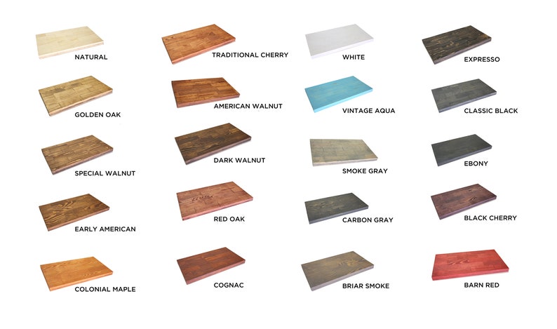 May include: A collection of 20 wood stain color samples, showcasing a variety of shades from light to dark, including natural, golden oak, special walnut, early American, colonial maple, traditional cherry, American walnut, dark walnut, red oak, cognac, white, vintage aqua, smoke gray, carbon gray, briar smoke, espresso, classic black, ebony, black cherry, and barn red.