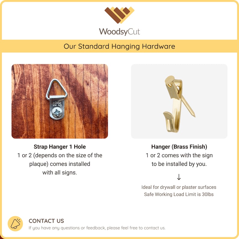 May include: Two types of hanging hardware for wall decor. A silver strap hanger with one hole and a gold-colored hook hanger. The text reads "Strap Hanger 1 Hole" and "Hanger (Brass Finish)".