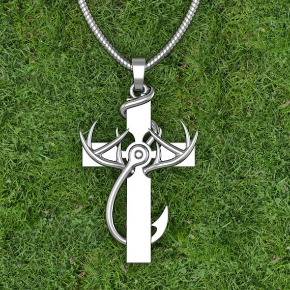 Cross necklace with deer horns and store fish hook