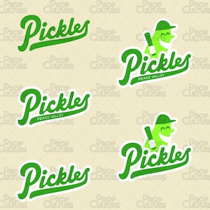 May include: A repeating pattern of green and white stickers with the words "Pickles Peaks Valley" on a light beige background.