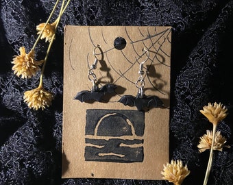 Handmade Polymer Clay Bat Halloween Dangle Earrings Spooky Witchy Festive