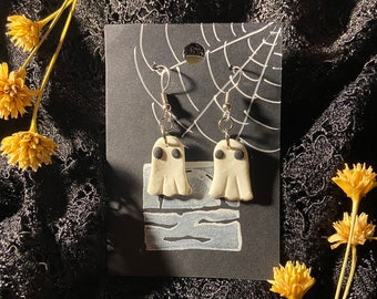 Handmade Polymer Clay Ghost Halloween Dangle Earrings Spooky Witchy Festive