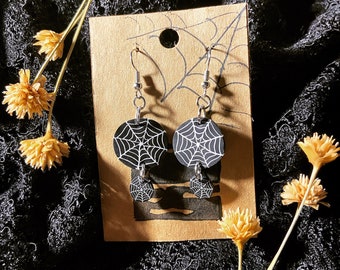 Handmade Polymer Clay Spiderweb Cobweb Halloween Dangle Earrings Spooky Witchy Festive Scary
