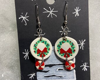 Polymer Clay Christmas Wreath Earrings Festive Holiday Candy Cane Jewelry Handmade