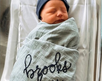 Personalized Hand Lettered Embroidered Baby Swaddle Receiving Blanket