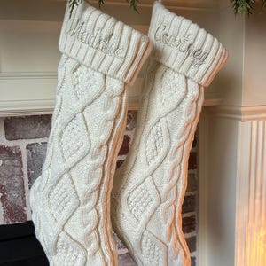 Personalized cable knit Christmas stockings in Cream with name embroidery