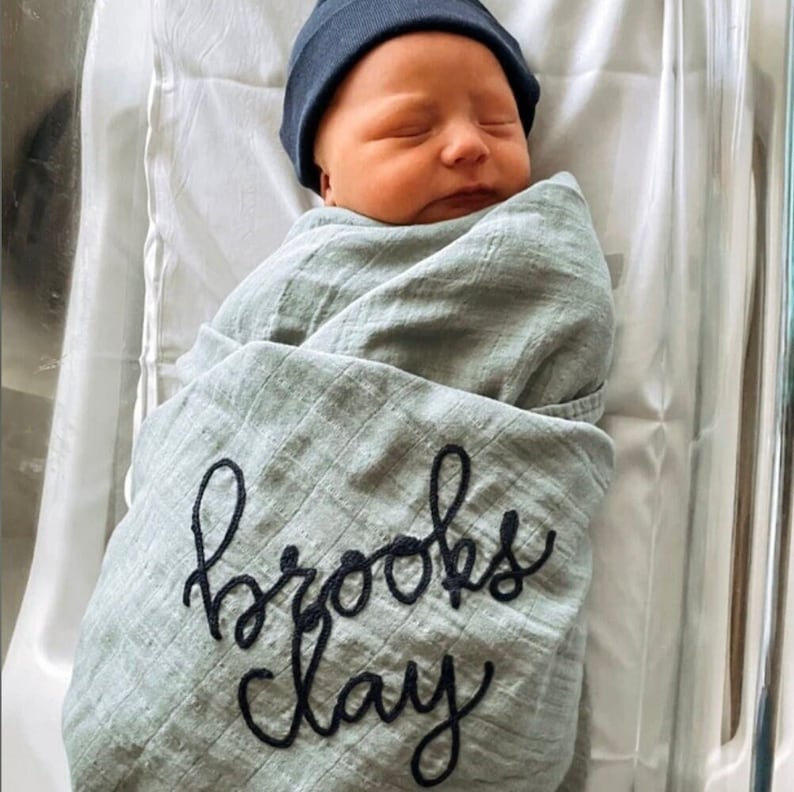 Personalized Hand Lettered Embroidered Baby Swaddle Receiving Blanket 