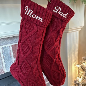 Personalized cable knit Red Christmas stockings with name embroidery
