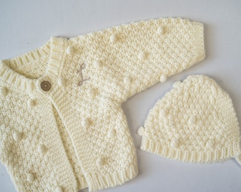 Cable Knit Hand Embroidered Sweater and Hat for Baby