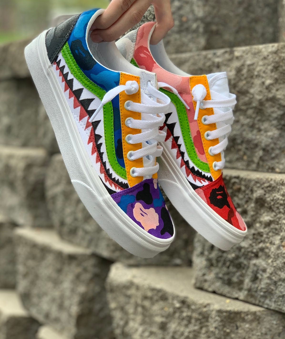 White Old Skool x Bape Custom Handmade Uni-Sex Shoes By Patch Collection :  Handmade Products 