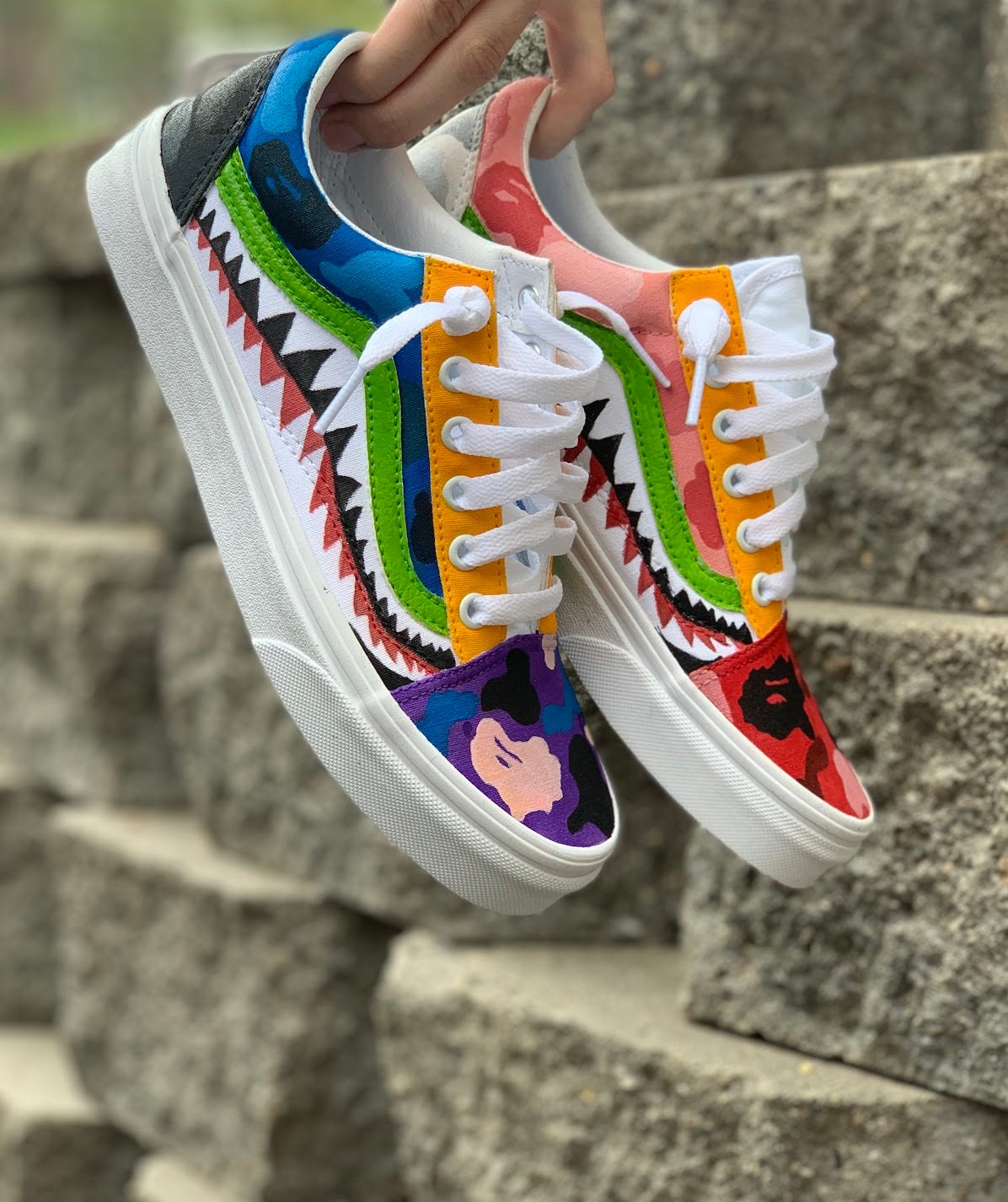 Vans Black Old Skool x Bape Shark Teeth Custom Handmade Shoes – Patch  Collection