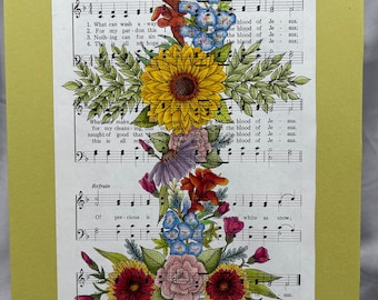 Garden Cross, Original, One of a Kind, Hand Drawn, Hand Colored Fine Art on a Vintage Hymn Page