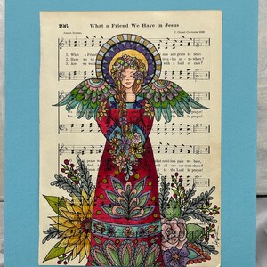 ¡Que amigo! Original, dibujada a mano, coloreada a mano, obra de arte única en una página de himno vintage
