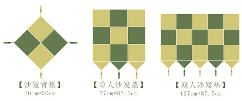 illustration of different size options for Victorian-Style sofa cushion, sofa cover, single couch cover, and double couch cover, on white background