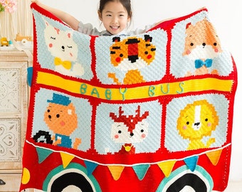 Fun and Colorful Animal Bus Afghan/Blanket/Throw Crochet Kit with Yarn and Pattern - Perfect for Kids, Toddlers, Girls and Boys