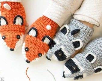 Diy Kit for Crochet and Knitting Fox Raccoon Scarf & Mittens, Animal Amigurumi Patterns for Kids, Toddler Thumbless Cloves, Pattern Included