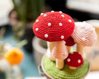 Kit for Mushroom Crochet Bonsai Pen holder, Diy Crochet Mushroom Pen holder as Miniature Home Decor, Free Mushroom Crochet Pattern Included