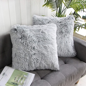 Fodera per cuscino in pelliccia sintetica. Federa per cuscino in peluche. Federa per cuscino in pelliccia. Morbido cuscino in pelliccia sintetica. Coniglio, Alpaca, Pelliccia Shag. Avorio, crema, federa grigia.