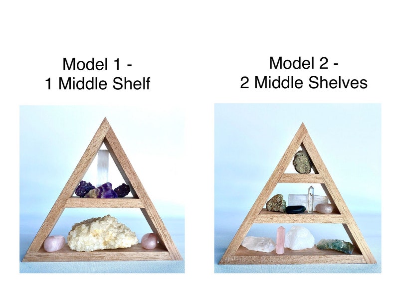 May include: Two wooden triangular shelves, one with one middle shelf and the other with two middle shelves. Both shelves are decorated with various crystals and stones.