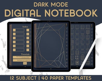 Dark Mode Digital Notebook with 12 Hyperlinked Sections, 12 Subjects Tabed, 40 Digital Notebook Paper Template, for Goodnotes & Notability