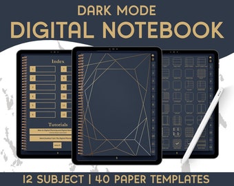 Cuaderno digital en modo oscuro con 12 secciones con hipervínculos, 12 temas tabulados, 40 plantillas de papel para cuaderno digital, para Goodnotes y Notability