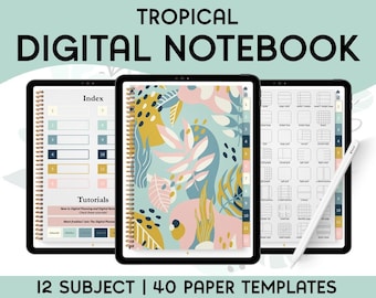 Digital Notebook with 12 Hyperlinked Tabs, 12 Subjects Sections, 40 Paper Template, Digital Notebook for Students, For Android, iPad or Mac