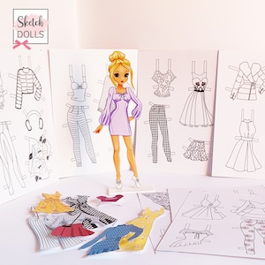 Wycinana lalka papierowa Emma, gotowa do zabawy lalka papierowa, tekturowa lalka papierowa ze stojakiem, modna lalka papierowa z ubraniami, kreatywne dziecko dla dziecka