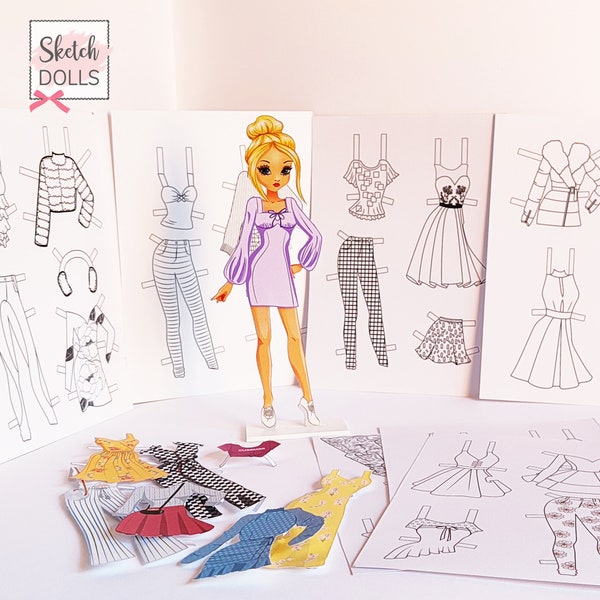 Ausgeschnittene Papierpuppe Emma, spielfertige Papierpuppe, Papppuppe mit Ständer, Mode-Papierpuppe mit Kleidung, kreatives Kind für Kind