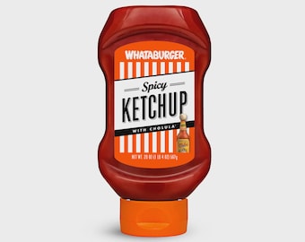 May include: A red plastic bottle of Whataburger Spicy Ketchup with Cholula. The label features the text "Spicy Ketchup" and a small image of a Cholula bottle. The bottle contains 20 oz (1 lb 4 oz) of ketchup.