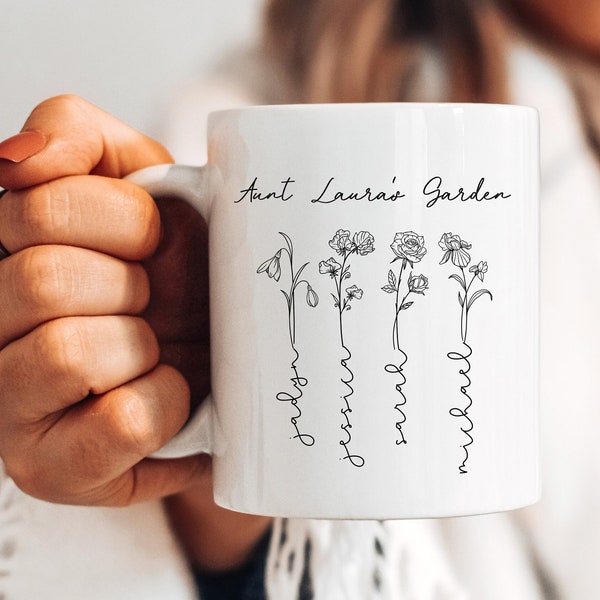 Aunt's Garden Gifts With Niece and Nephew Names, Family Name, Kids Birth Flower, Mother's Day Gift, Custom Mom Mug