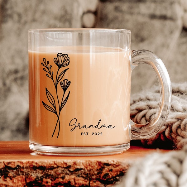 Grandma Mug, New Grandma Mug Est 2024,  Mimie Mug, Pregnancy Announcement Cup, Glass Mug Grandma Glass Mug, Custom Name Future Grandma