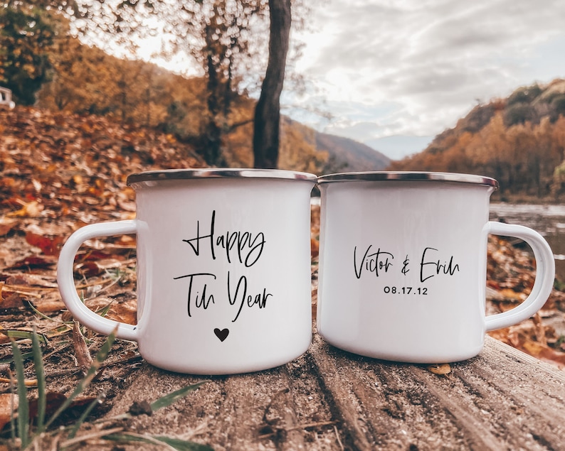 Tin Year Camp Mug, Wedding Celebration Gift, 10th Wedding Anniversary Cup, Custom 10 Year Husband Wife Gift, Anniversary Gift for Wife image 1