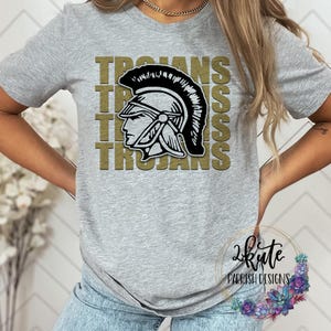 Pu&ograve; includere: Una maglietta grigia con la parola "Trojans" ripetuta in lettere dorate. Un'illustrazione in bianco e nero di un elmo troiano &egrave; centrata sulla maglietta.