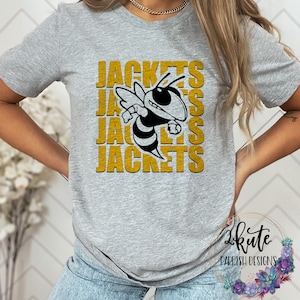May include: Gray t-shirt with a black and yellow bee graphic and the text "JACKETS" repeated four times in gold.