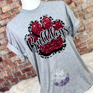 Bulldogs shirts, faux glitter shirt, sports shirt, leopard shirt, paw print shirt, Bulldogs football, Bulldogs cheer, school spirit shirt