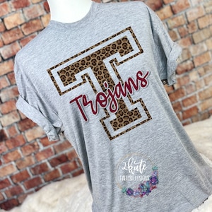 Trojans shirts, sports T-shirt, high school sports tee, Trojans mascot shirt, Trojans spirit wear, school spirit shirt, Trojans leopard tee